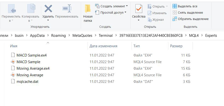 Папка «Experts» располагается внутри папки «MQL4».